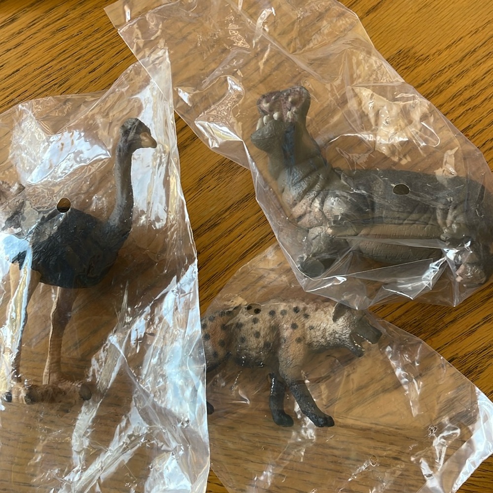 Ostrich, Hyena, and Rhinoceros Animal Figurines NEW